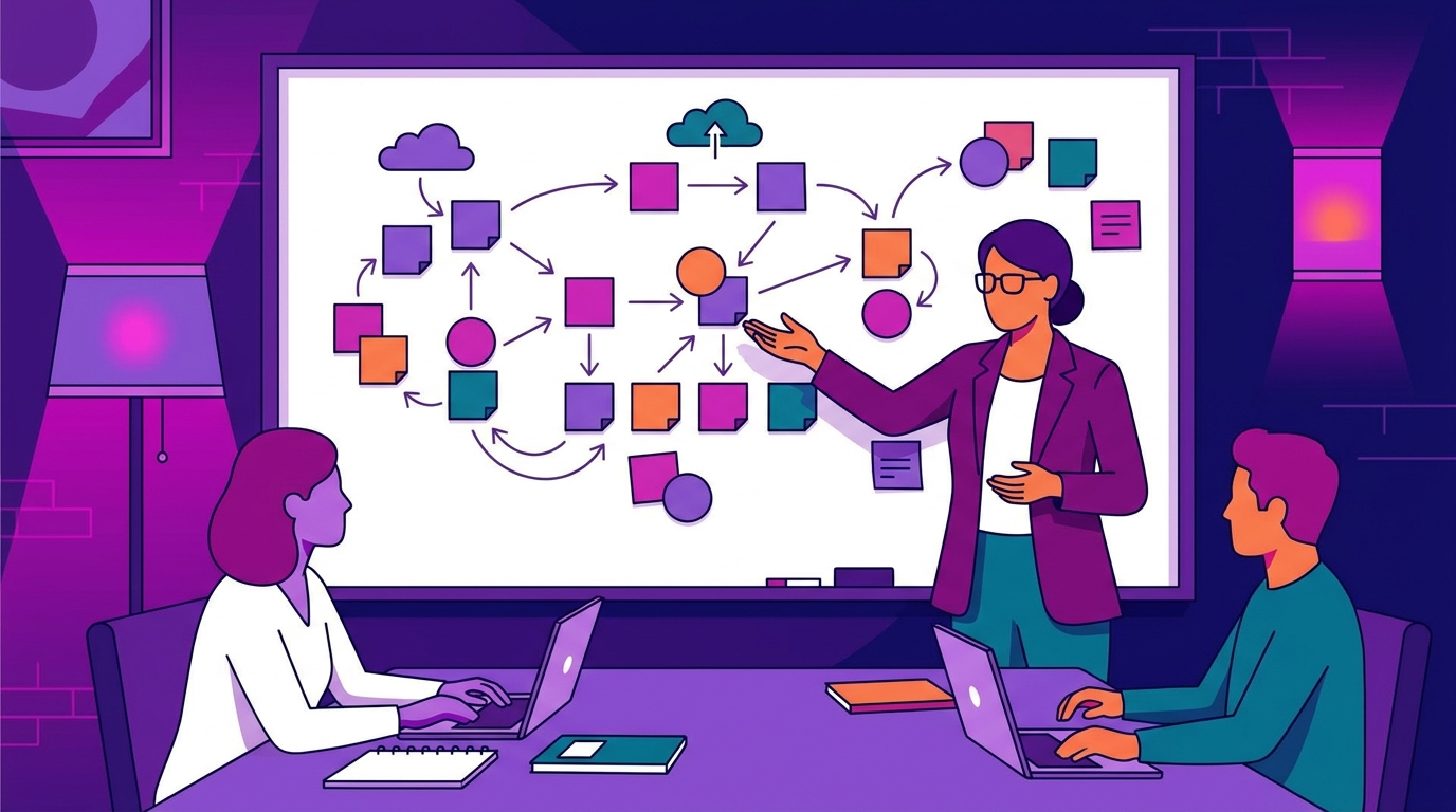 Consultant mapping a client software tool stack on a whiteboard with connected diagrams