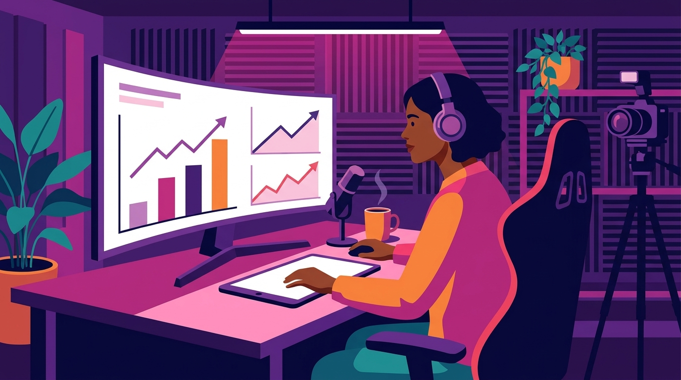 Content creator reviewing video analytics charts on a large monitor in a studio