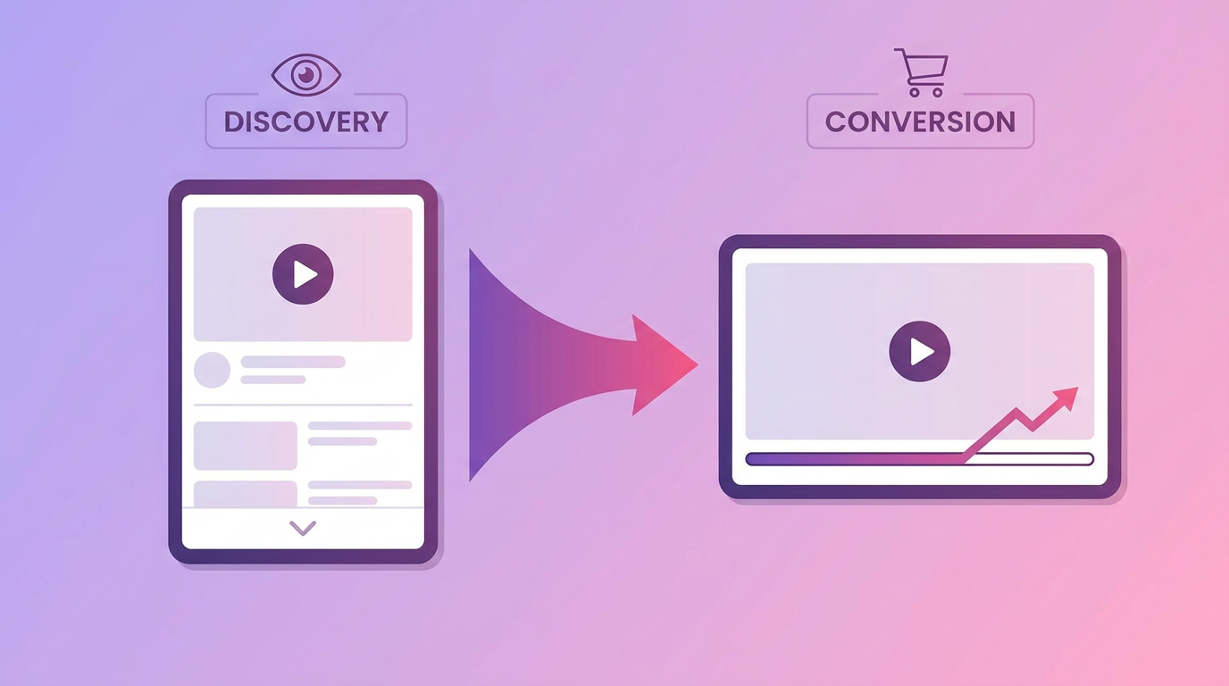 Split screen comparison of vertical short video and horizontal long video representing discovery versus conversion