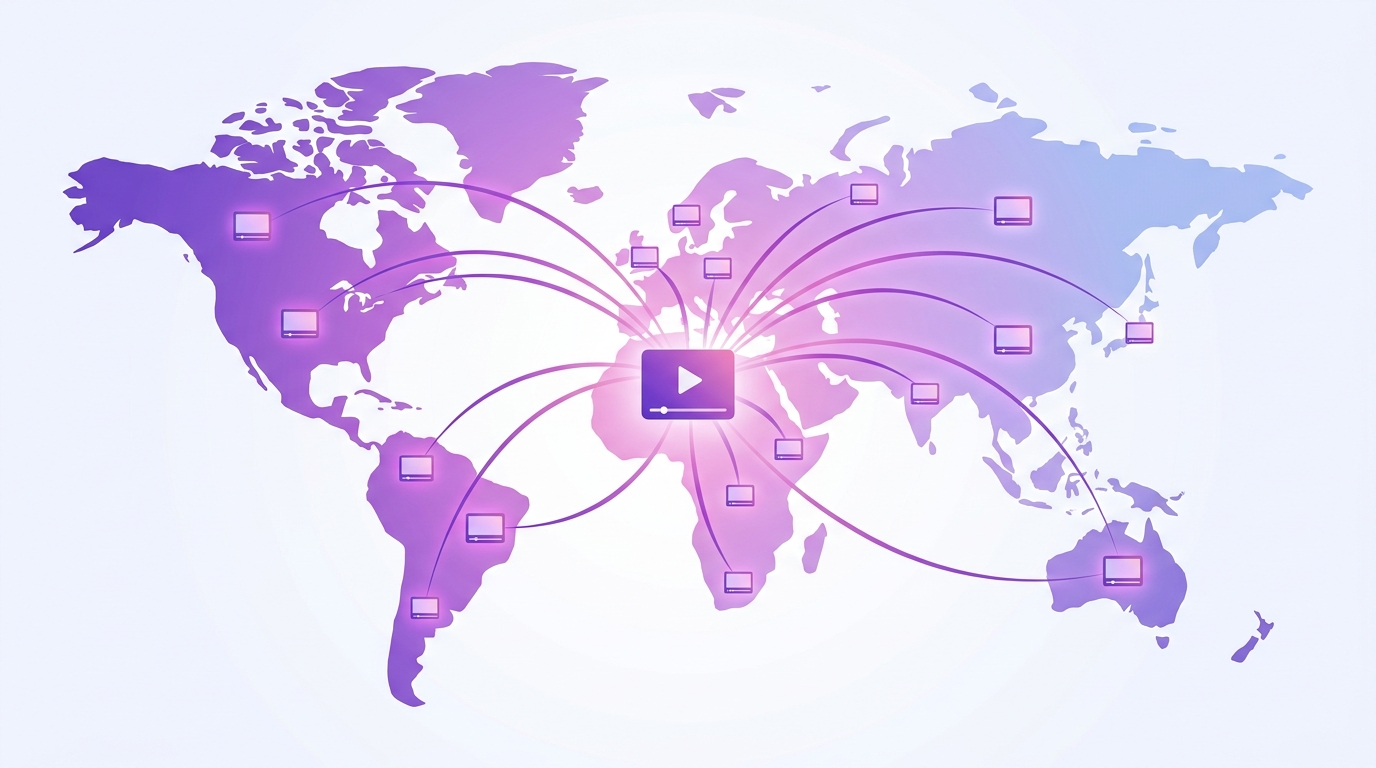 World map with connection lines showing global video localization workflow