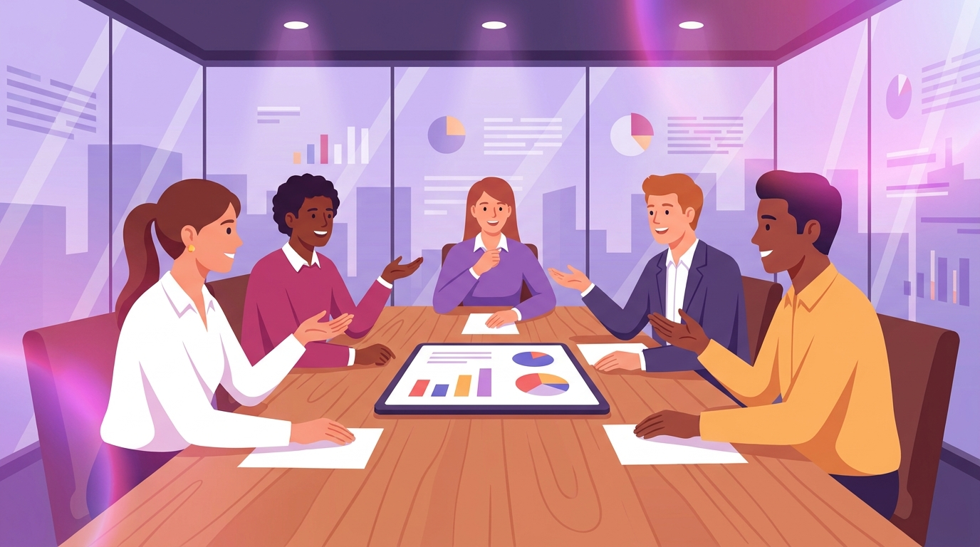Enterprise marketing team discussing AI insights platform strategy around a table with a tablet