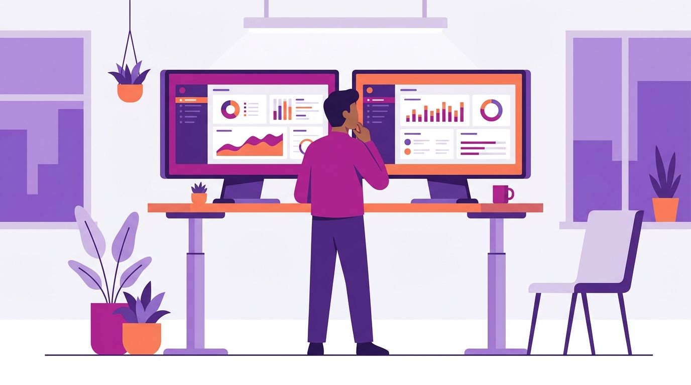 Performance marketer comparing two AI marketing software tools side by side on dual monitors