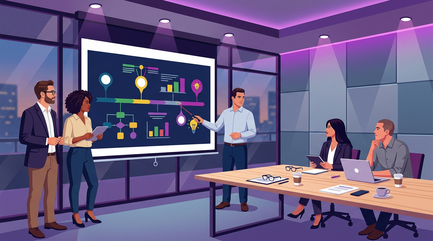 Agency team presenting a content strategy roadmap to a client