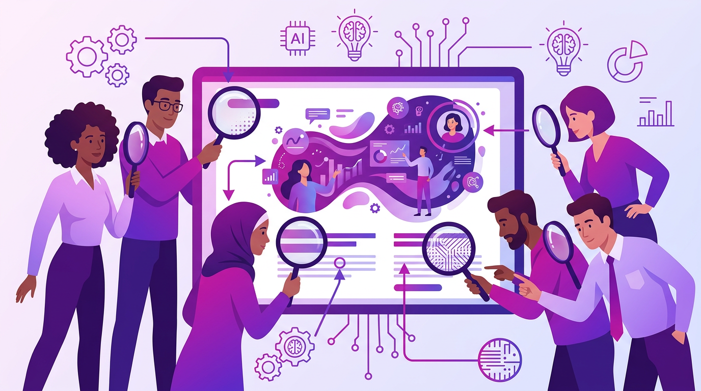Diverse group of reviewers examining an AI-generated ad creative from different angles