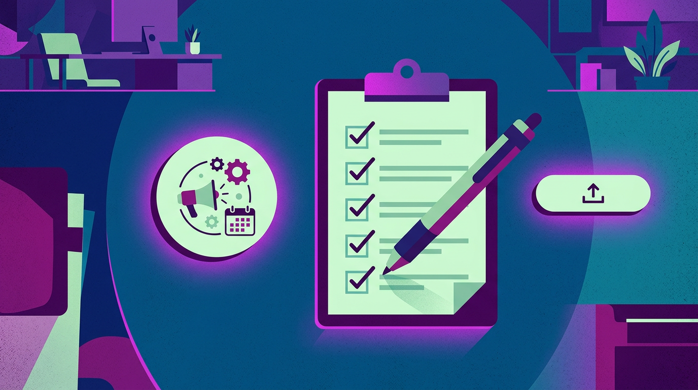 Small routine ad campaign icon being checked against a compliance checklist
