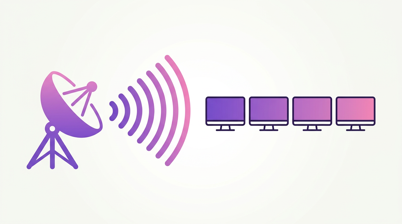 Satellite dish scanning toward computer screen icons representing proactive monitoring