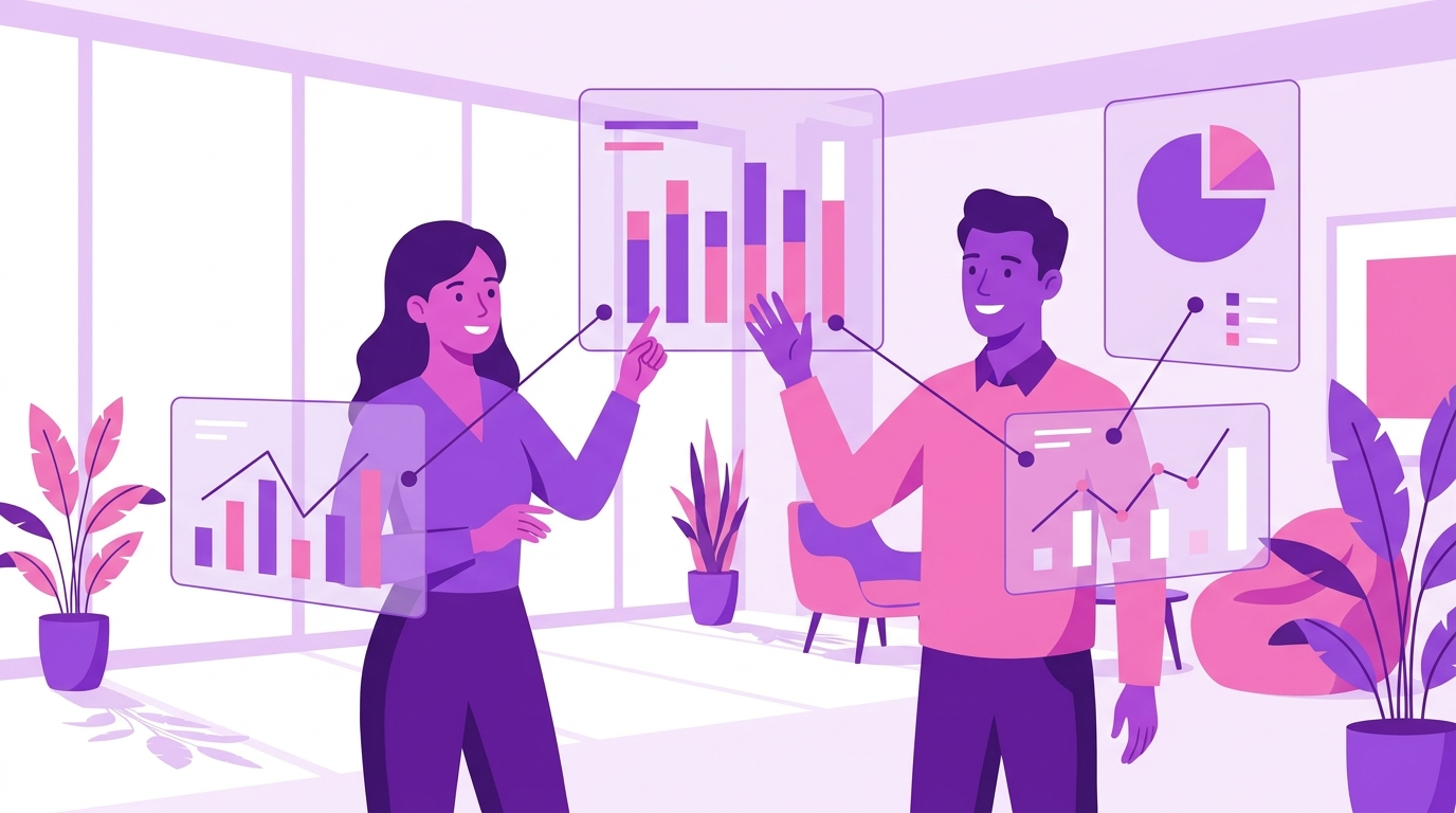 Analytics team reviewing marketing intelligence data charts together in a modern office