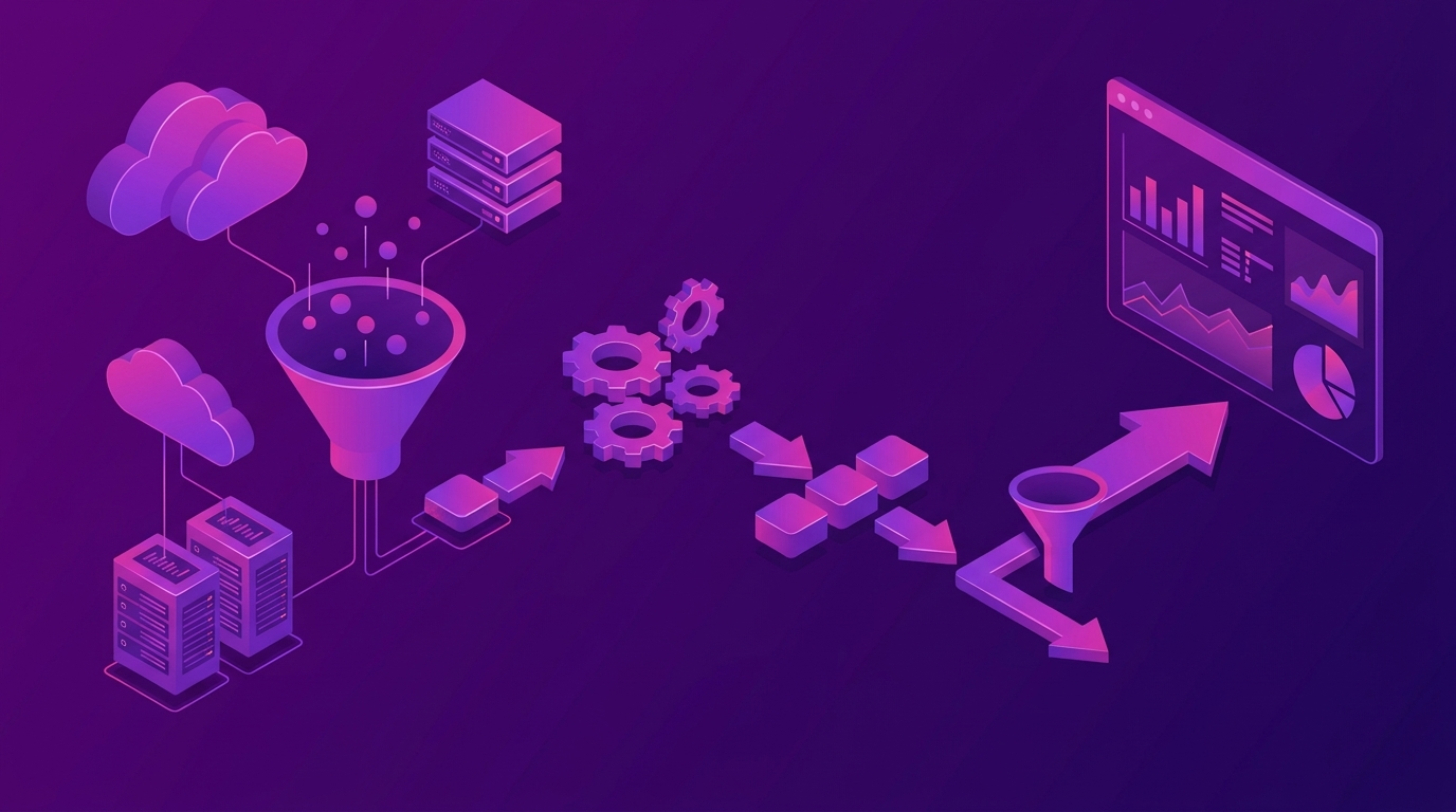 Data pipeline architecture diagram showing collection, transformation, and visualization stages