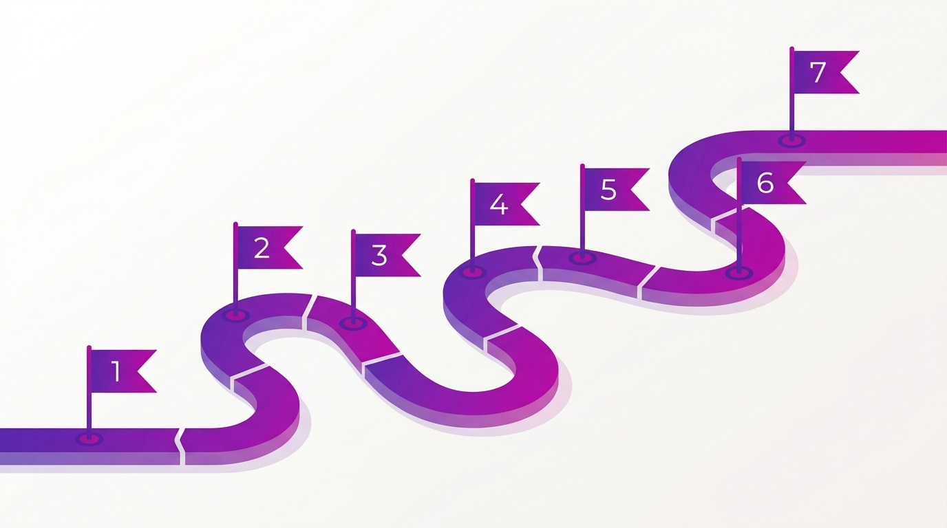 Seven numbered milestone flags along an ascending timeline representing seven predictions