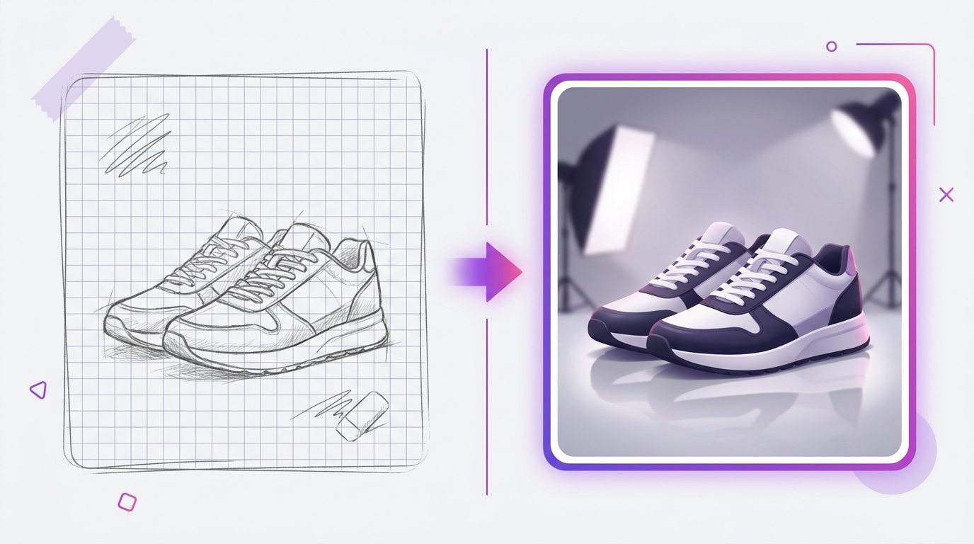 Before and after comparison of a rough sketch product photo transformed into a photorealistic marketing image