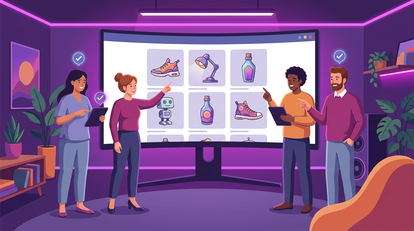 Marketing team reviewing a grid of AI-generated product images on a large monitor
