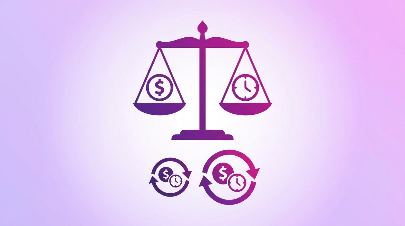 Scale balancing a dollar sign and a clock representing cost and time comparison