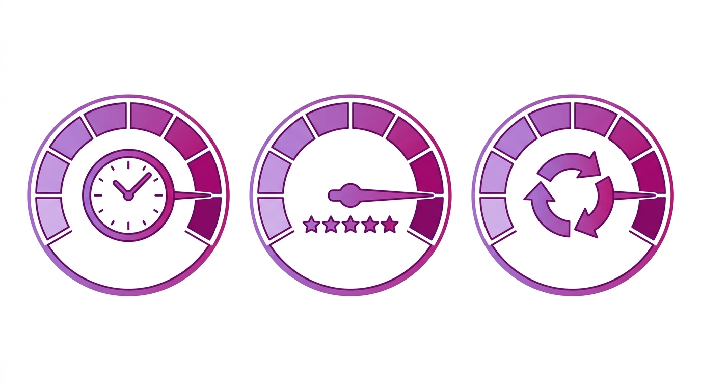 Three gauge dials representing time-to-outcome, quality-adjusted output, and rework rate