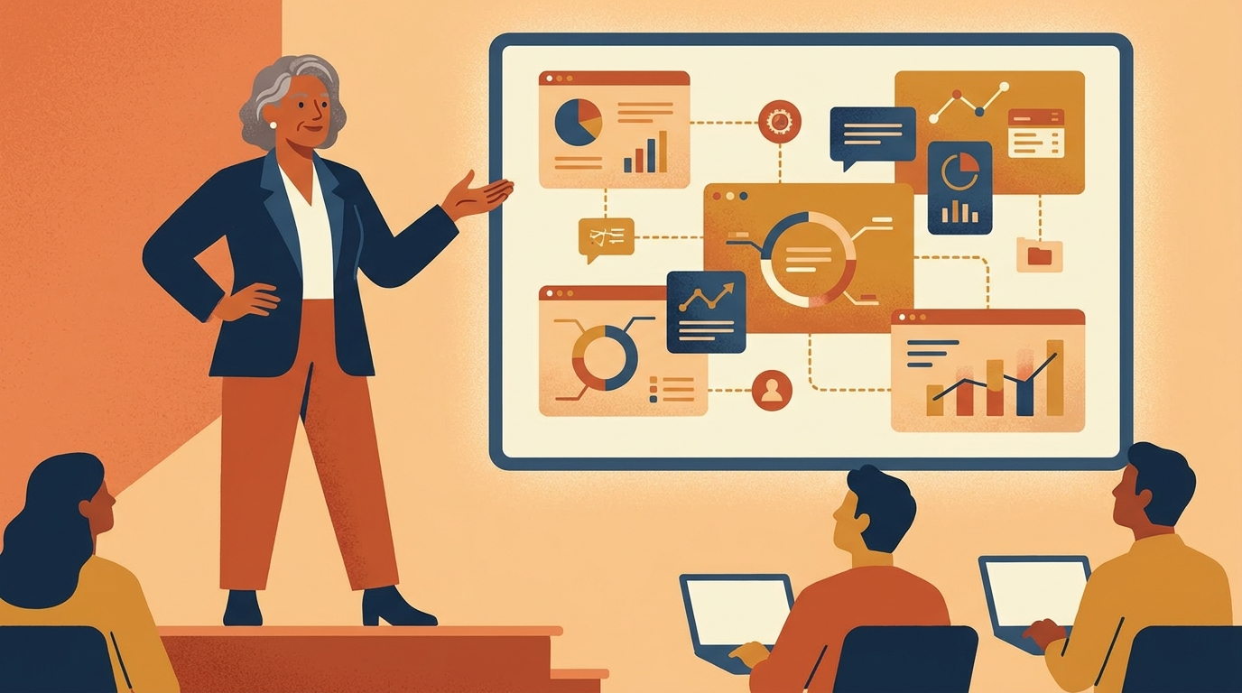 Experienced marketer confidently directing AI-generated content