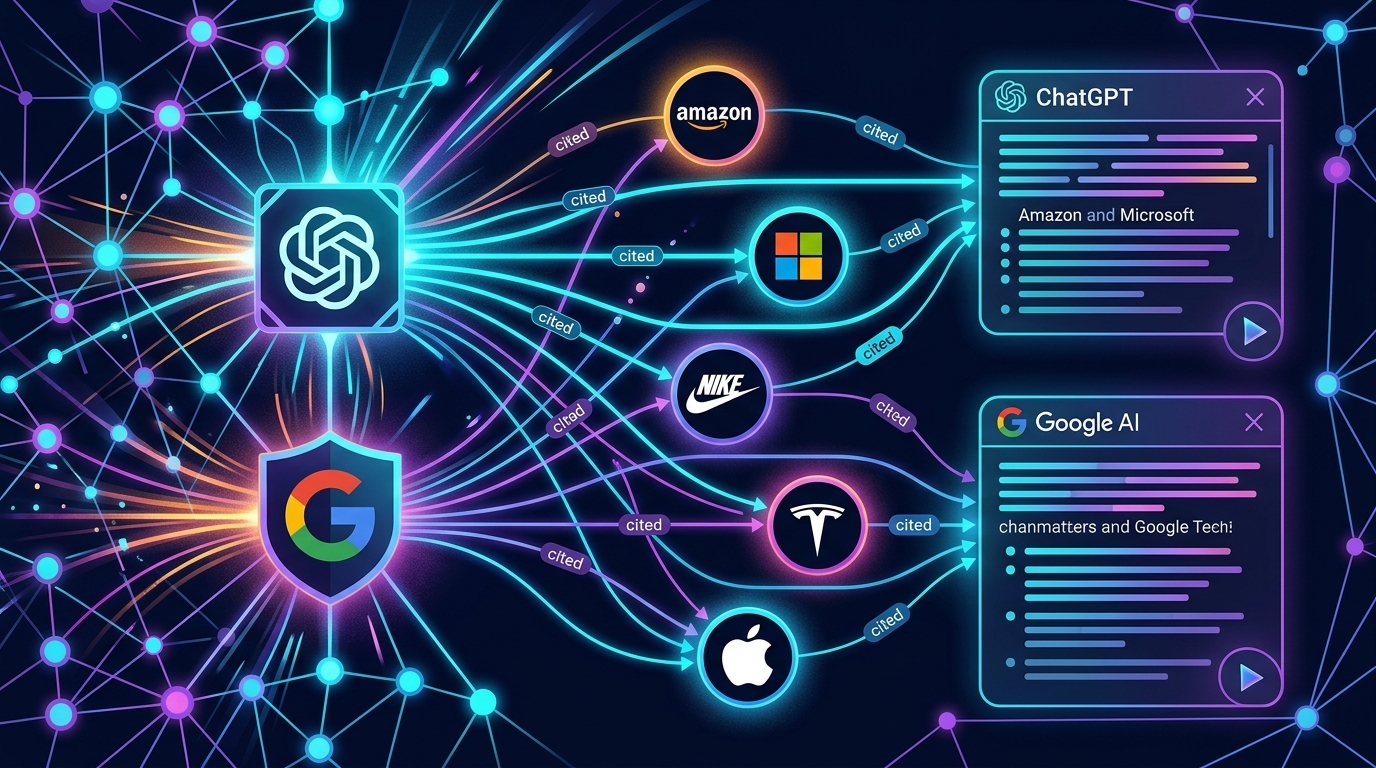 Network visualization showing brand citations flowing through AI search engine nodes