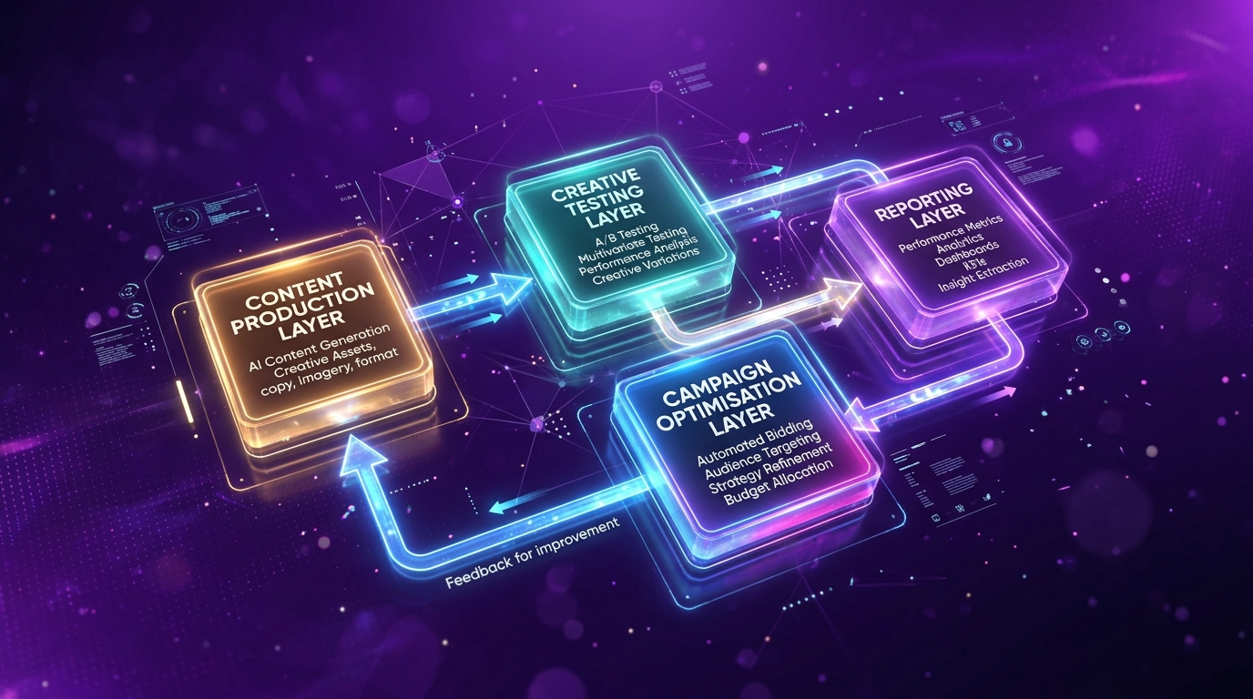 Four layer AI marketing framework diagram showing content production creative testing reporting and optimisation layers