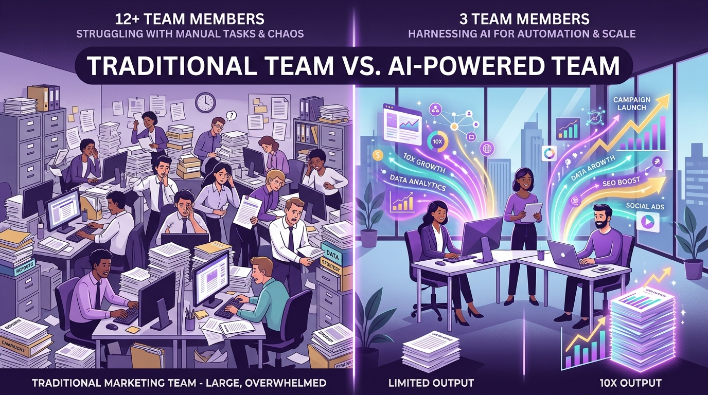 Comparison of traditional large marketing team versus small AI-powered team