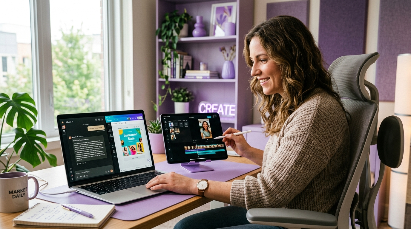 Marketer using multiple free AI tools simultaneously on laptop and tablet