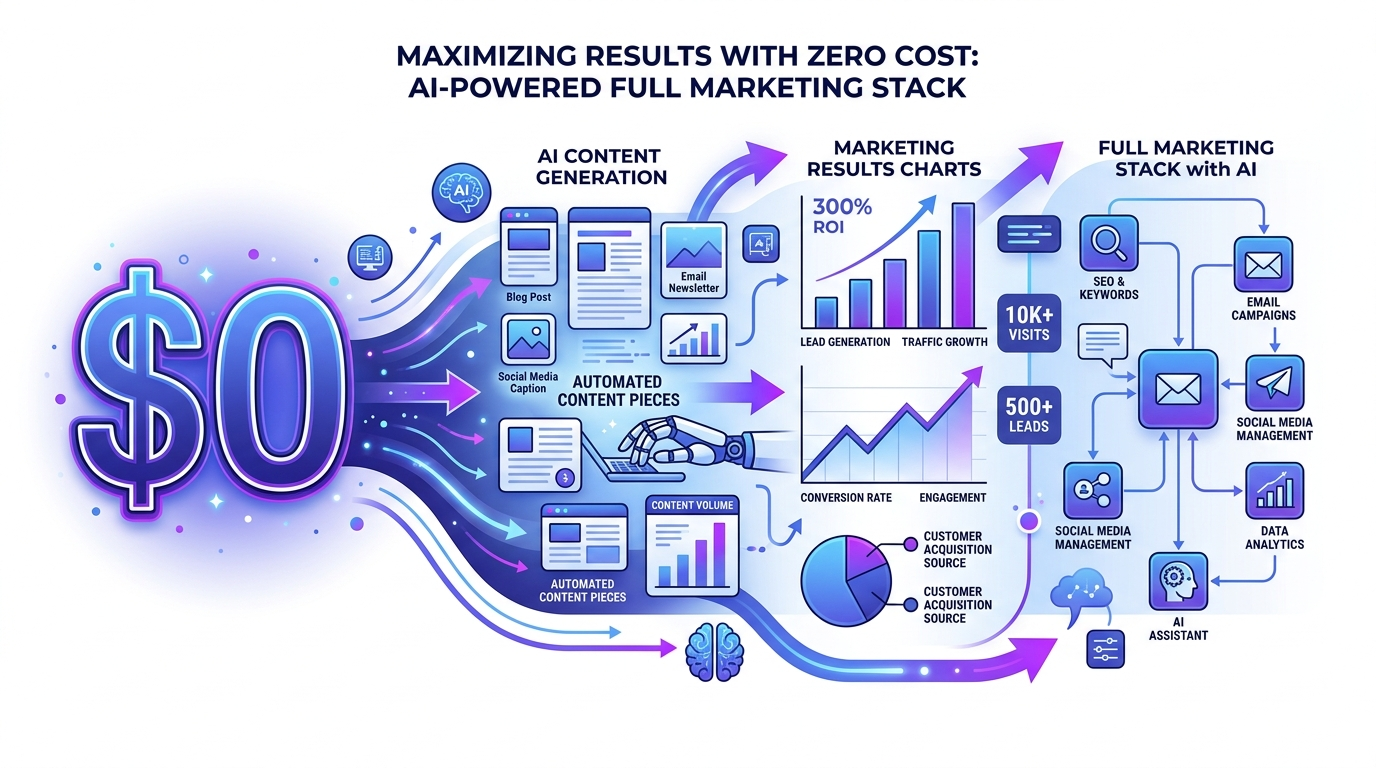Zero Cost AI Marketing Stack 2026 Zero cost full AI marketing stack illustration for modern marketing teams