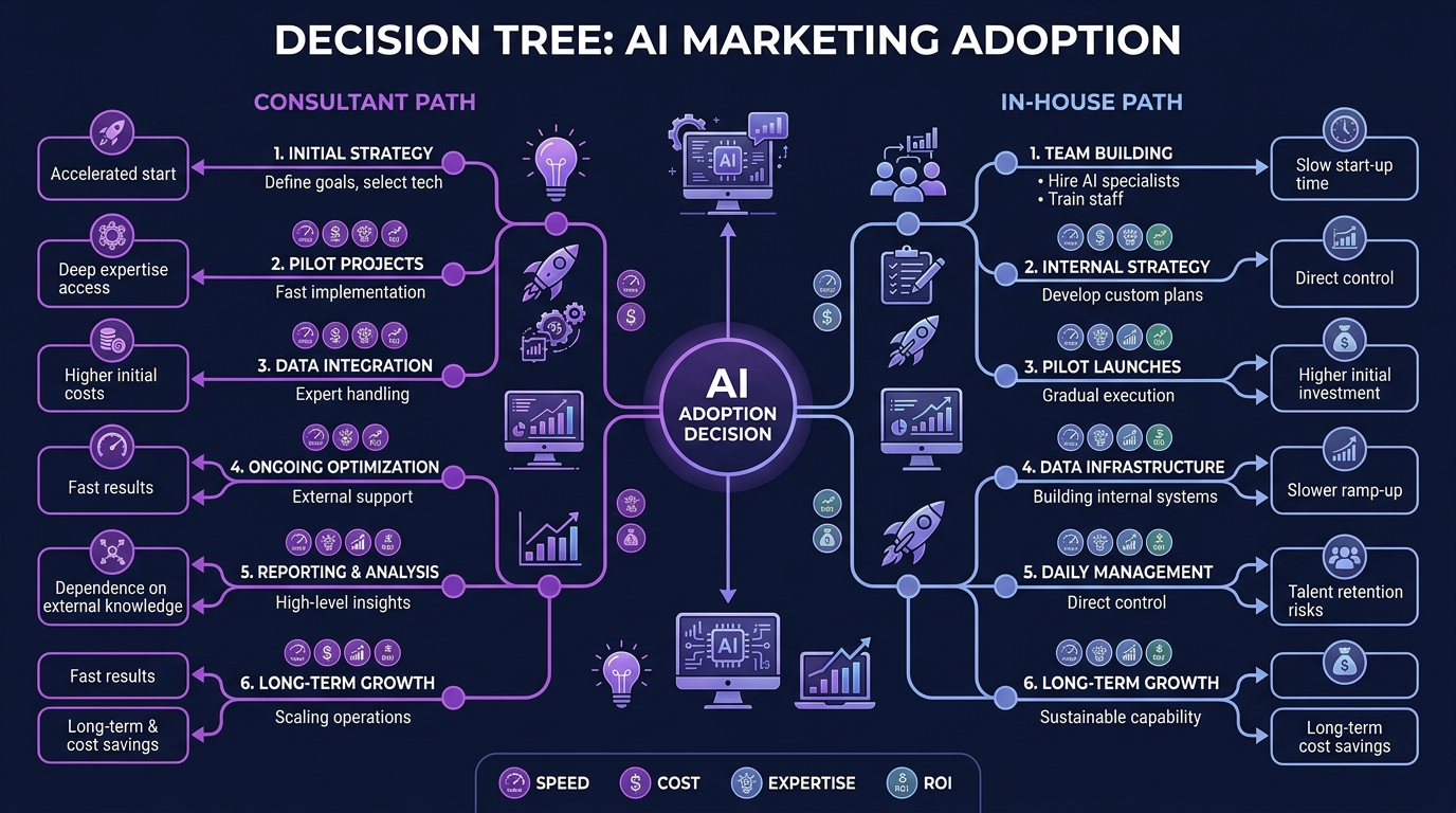 Decision tree diagram comparing AI marketing consultant path versus in-house team path