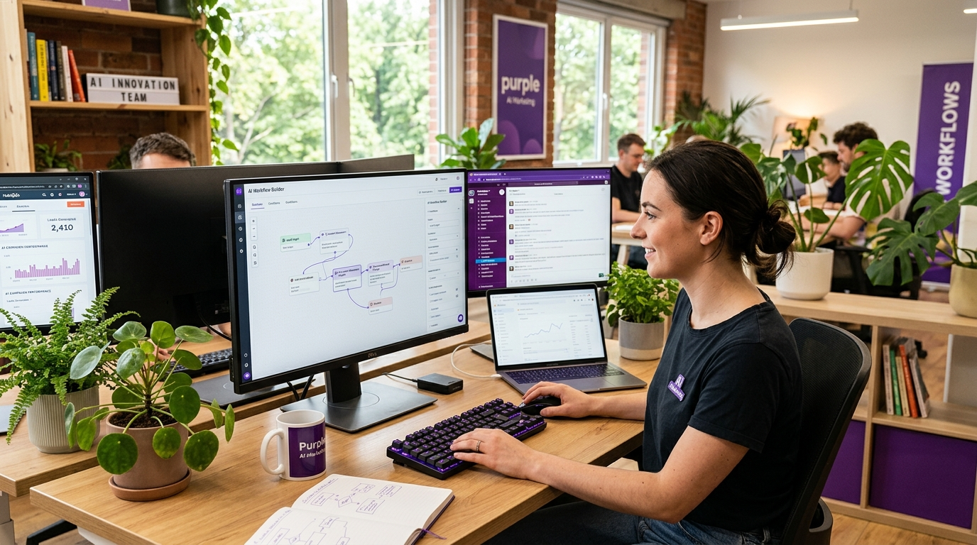 In-house AI marketing team member building automation workflows in modern bright office