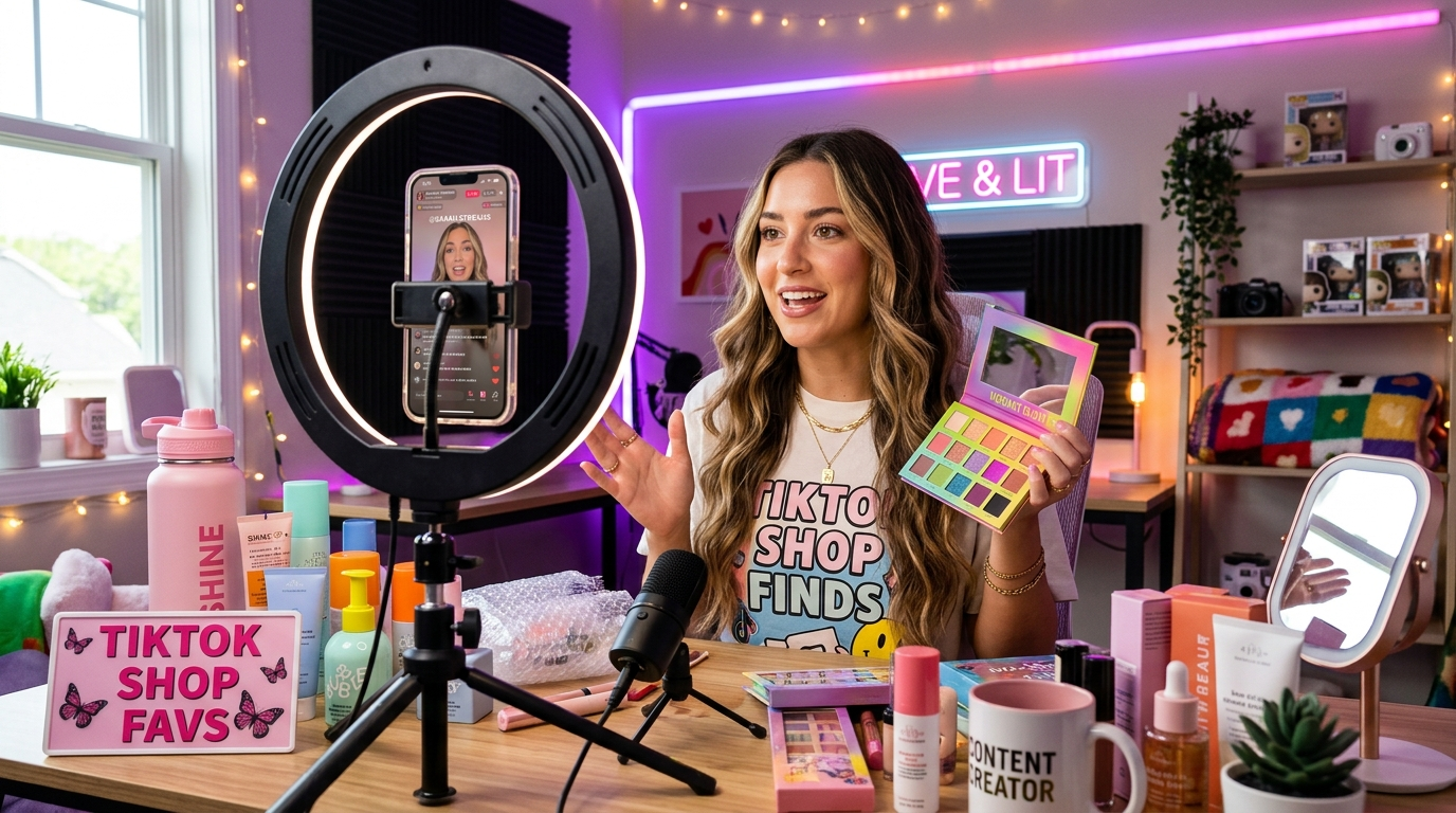TikTok Shop affiliate creator filming product review video with ring light in home studio