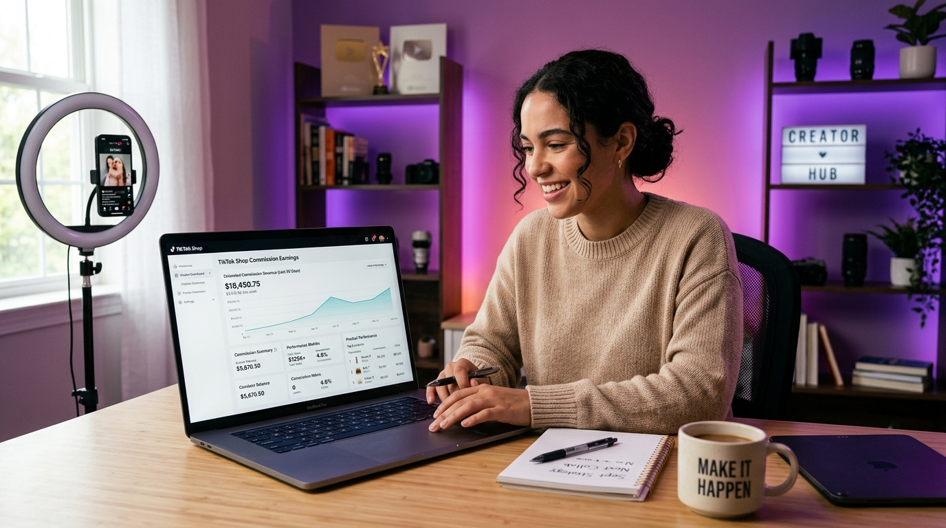 TikTok Shop affiliate commission earnings dashboard showing revenue charts and product performance