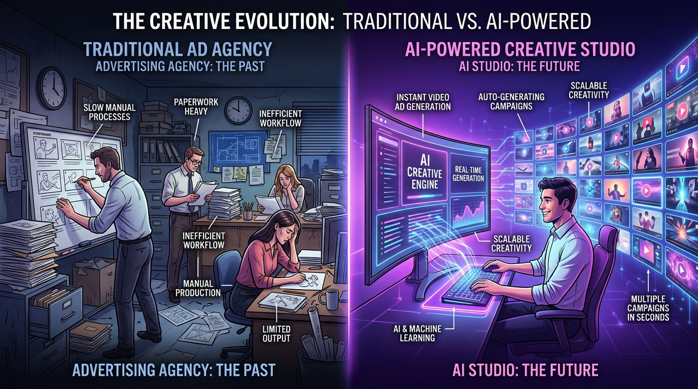 Traditional vs AI-powered advertising production studio comparison