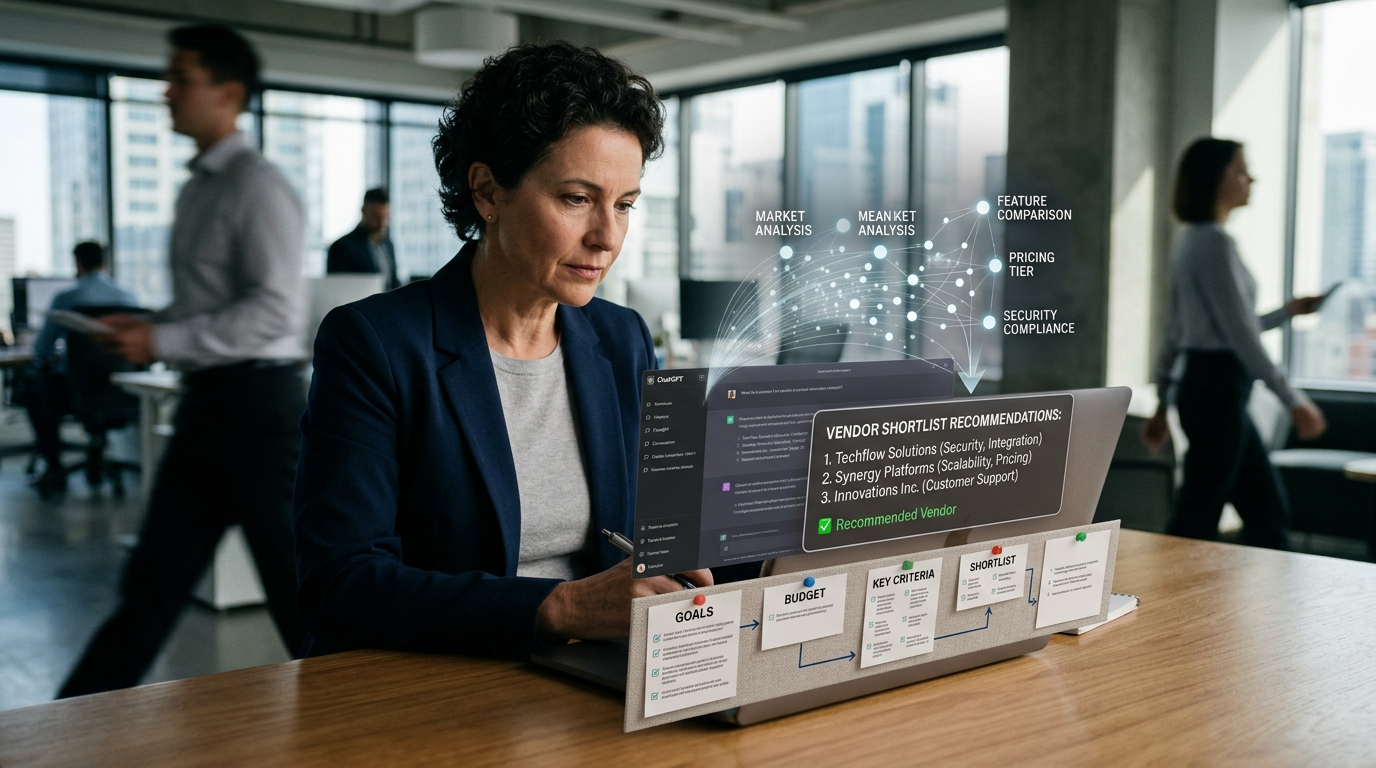 B2B buyer using AI assistant to research vendor shortlist on laptop in professional office