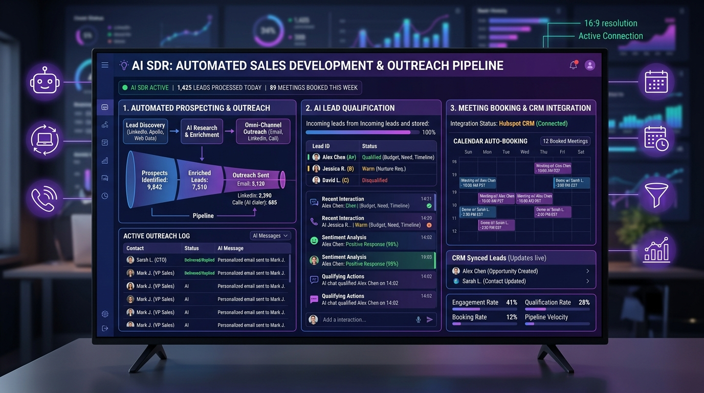 AI SDR automated prospecting pipeline with CRM integration and lead qualification dashboard