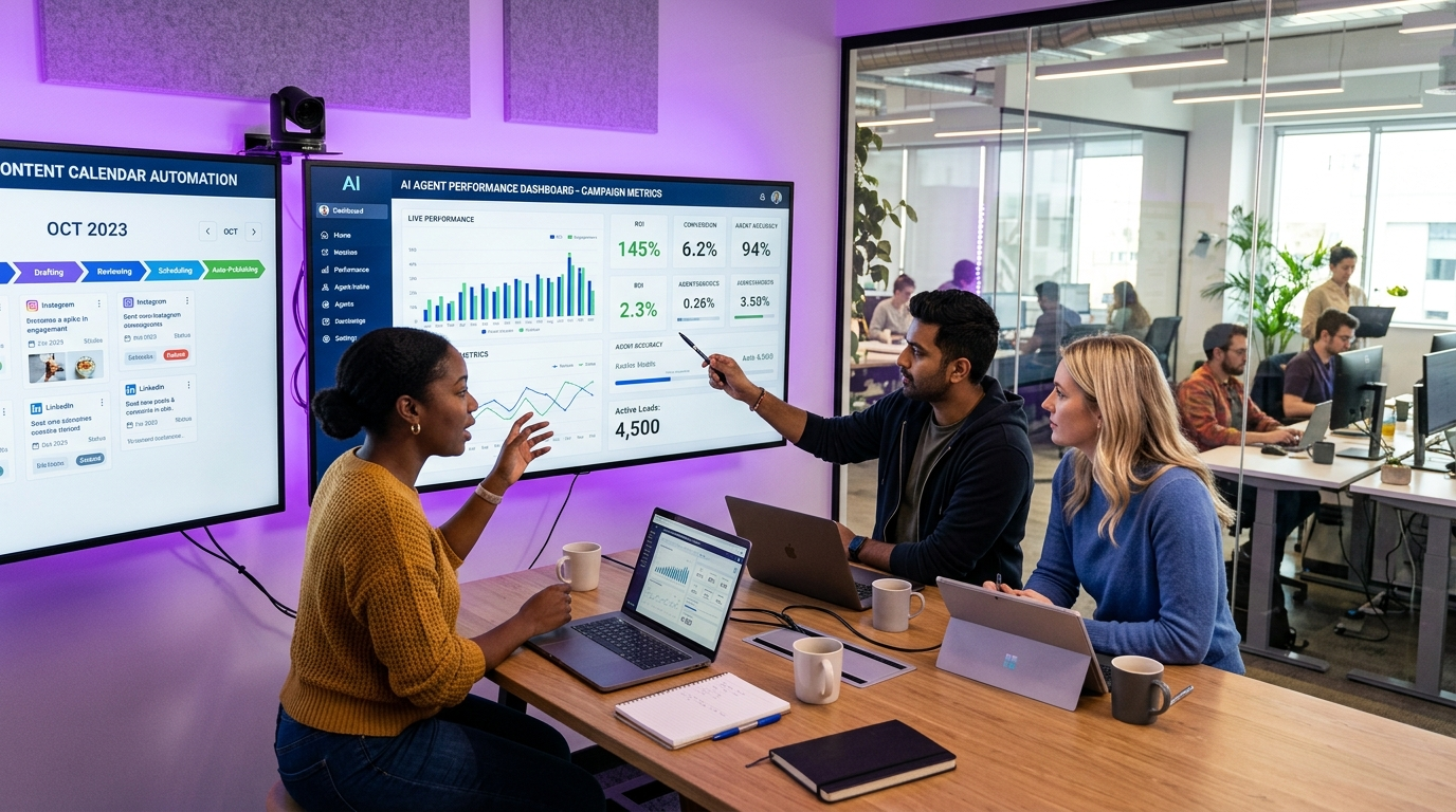 Marketing team reviewing AI agent performance dashboards in modern office environment