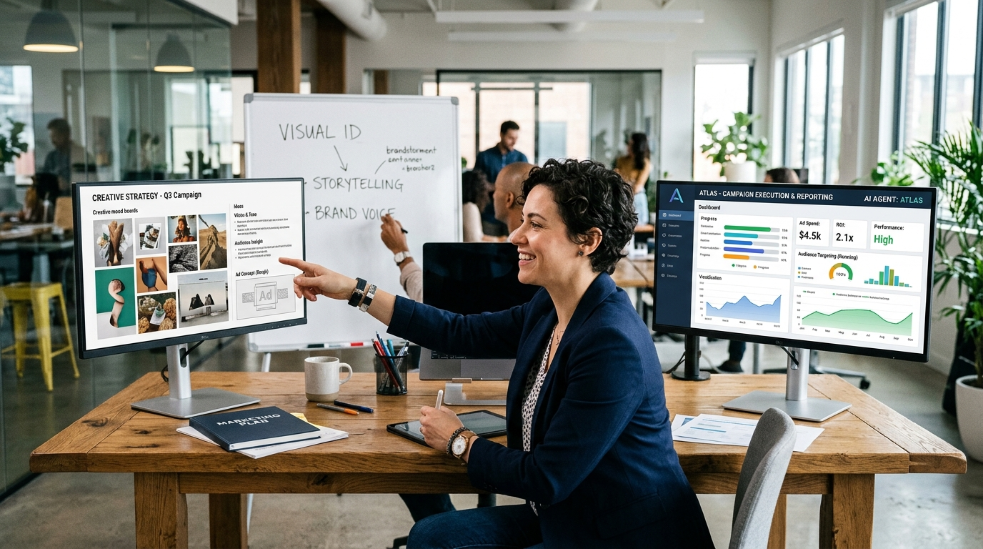Human marketer working alongside AI agent on separate monitor showing hybrid workflow