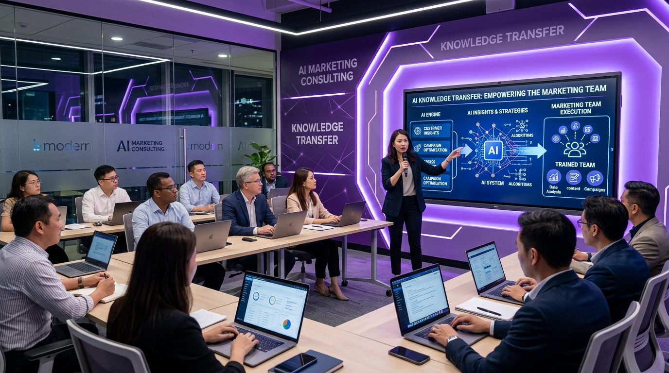 AI marketing consulting knowledge transfer training session in modern office learning environment