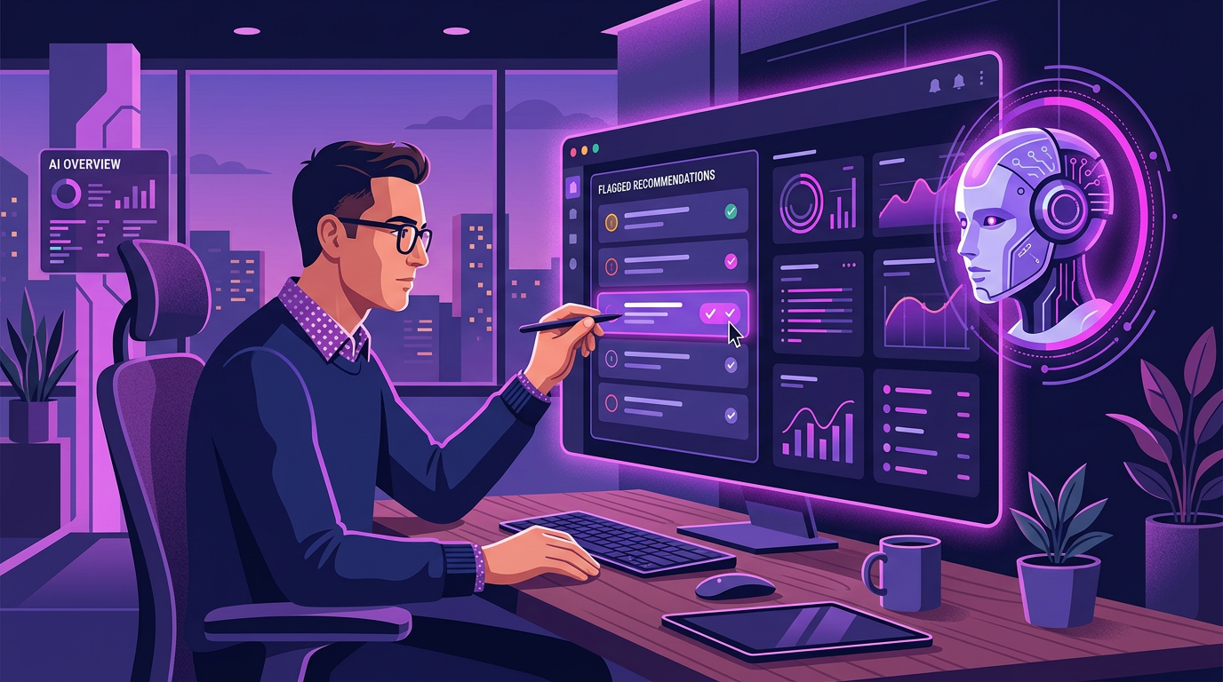 Marketer reviewing an AI agent flagged recommendations before approving them