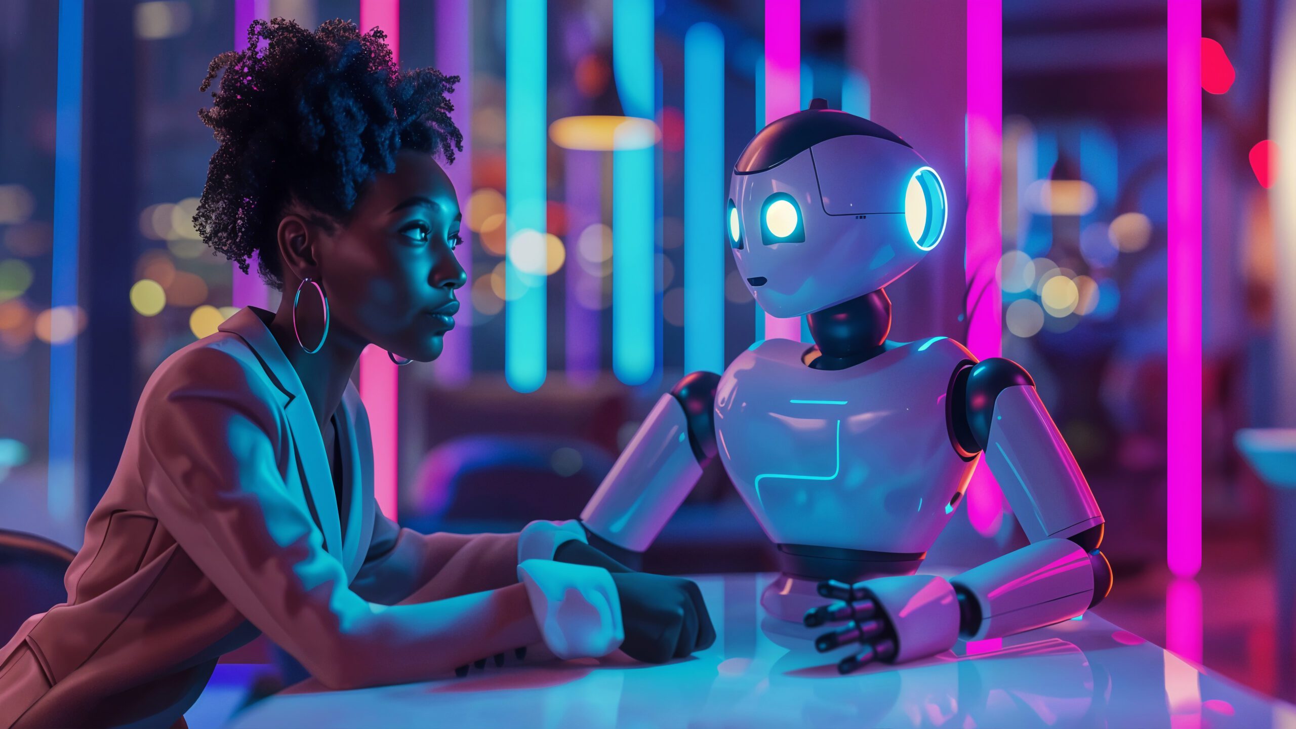 cartoon ai robot scene – VidAU.ai Lady with an AI generator voice robot