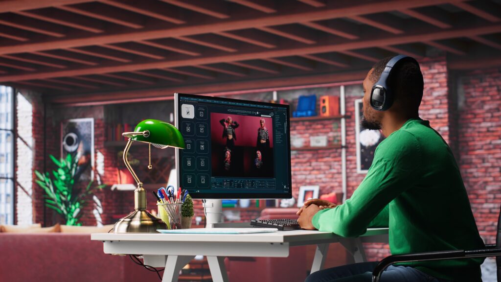 African American worker using generative AI program with photos – VidAU.ai Browsing Avatars made for Youtube AI