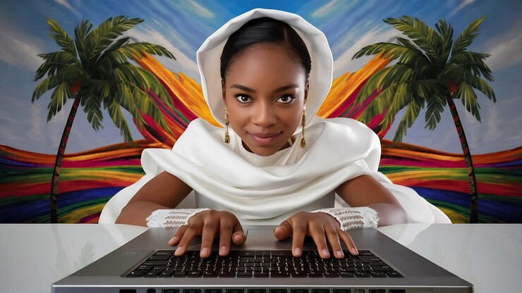 young african woman dressed white using laptop- AI subtitle generator free