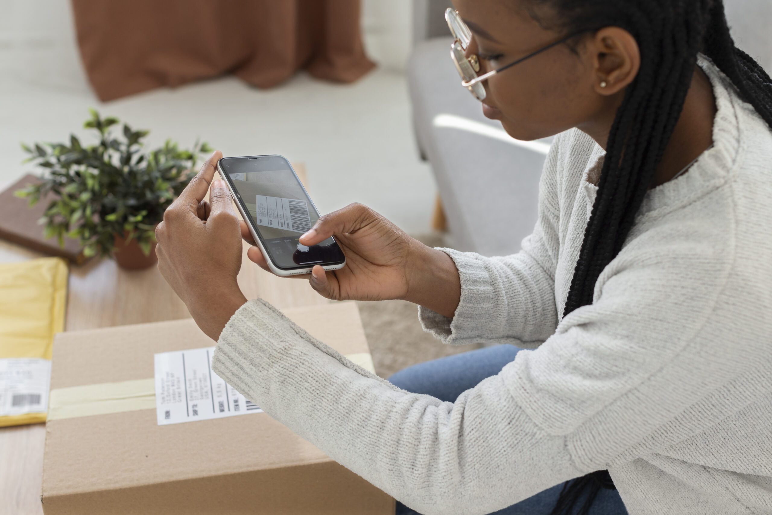 happy-client-with-their-box-delivered – VidAU.ai Etsy seller scanning a shipping label on a phone after how to login to Etsy steps