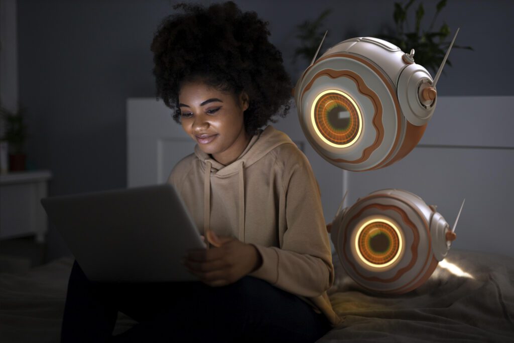 person-doing-daily-activities-with-big-brother-watching Ai Videos being watched on laptop