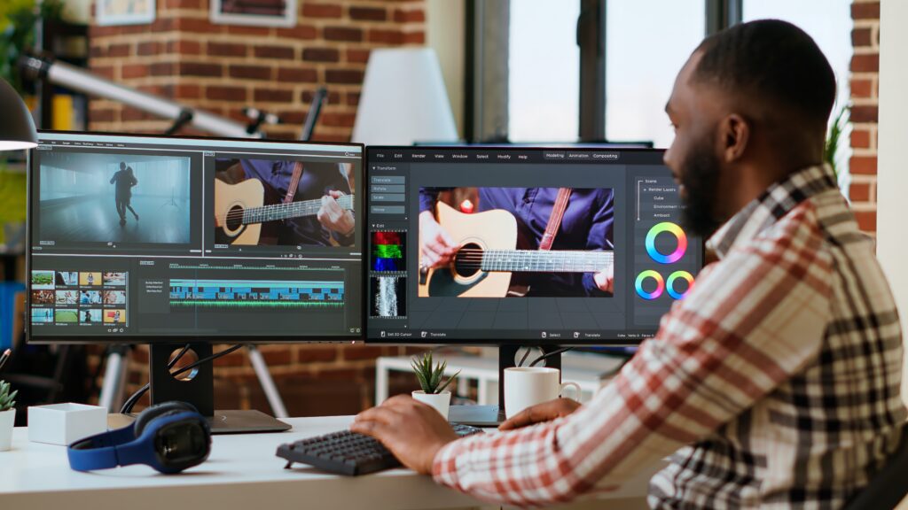 African American digital creator Digital Creator editing a guitar music video