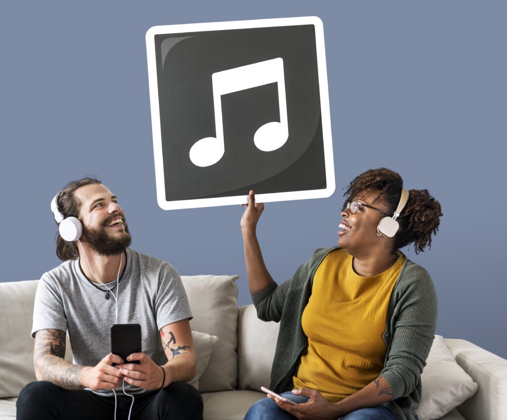 Cheerful couple with download icon – VidAU.ai Cheerful couple with download icon