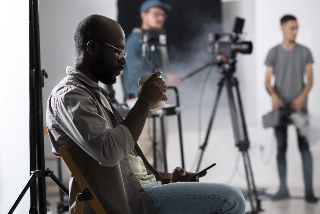 people directing new movie together AI video production: Marketing crew working on DIY videos.