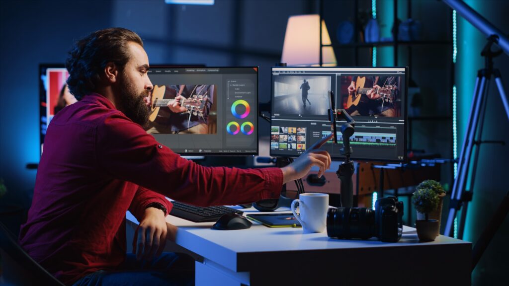 Video editor content creator filming tutorial about professionally editing footage Digital Creator using a video creation tool