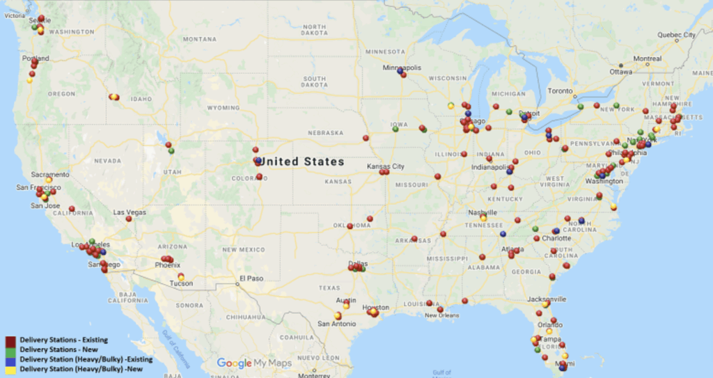 Map of The United States of America – VidAU.ai Amazon fulfillment center locations on a map