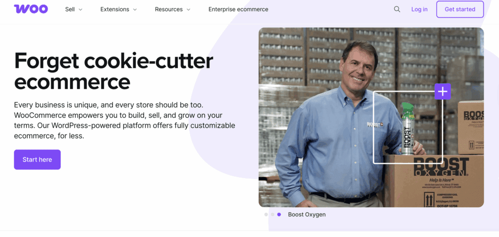 A screenshot of WooCommerce landing page. Woocommerce vs Shopify