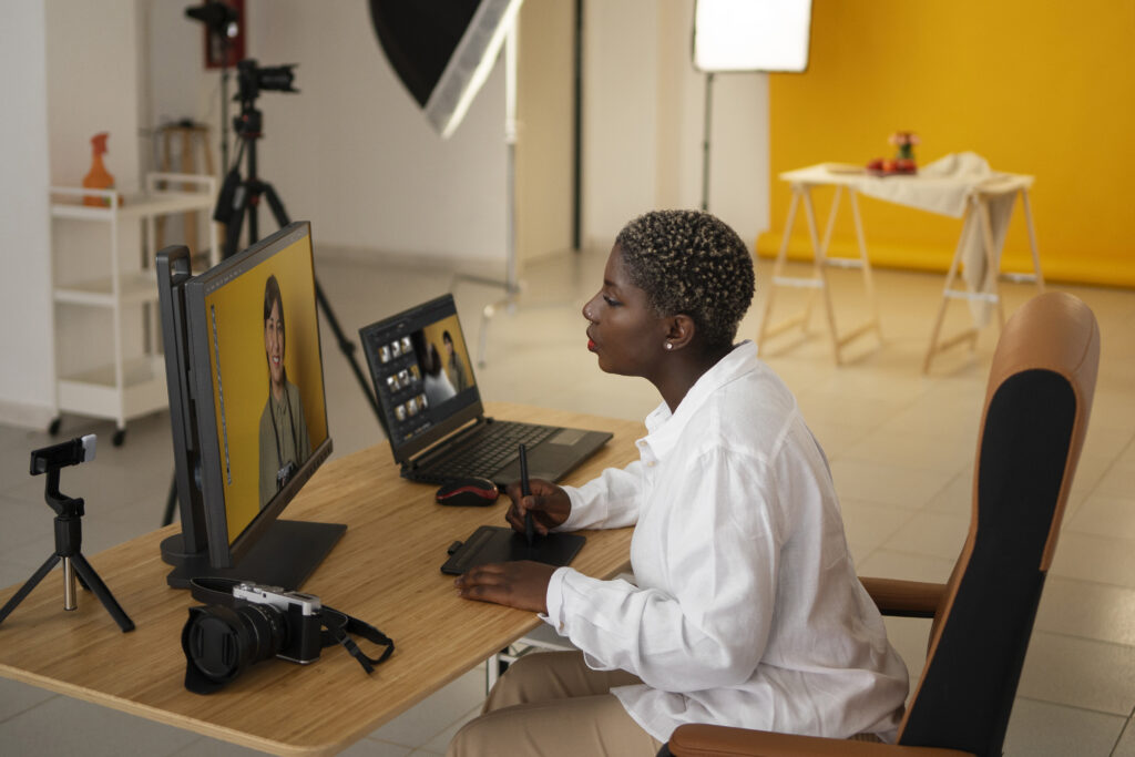 side-view-woman-working-as-photographer merge images to make a video