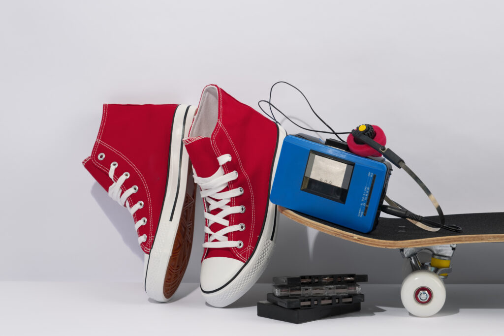 view-skateboard-with-retro-memorabilia shoe brands