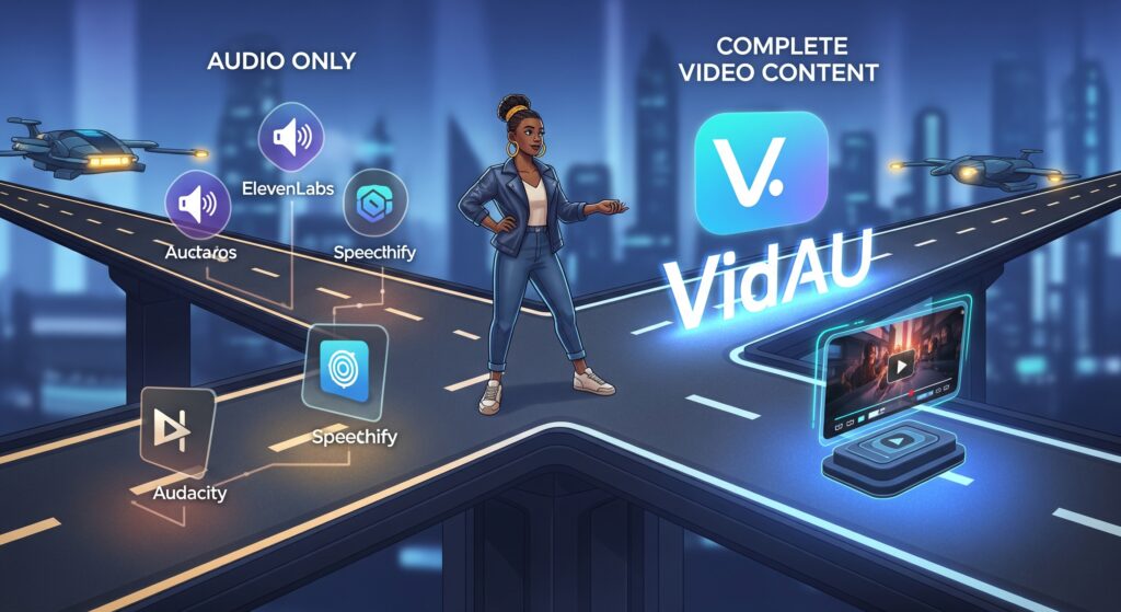 Audio Generator A digital illustration of a content creator in 2025 standing at a fork in a futuristic road. One path, labeled "Audio Only," is narrow and shows separate icons for specialized tools like ElevenLabs and Speechify. The other path, labeled "Complete Video Content," is a wide, integrated superhighway leading directly to a glowing VidAU logo and a finished, professional video. The creator is confidently choosing the VidAU path