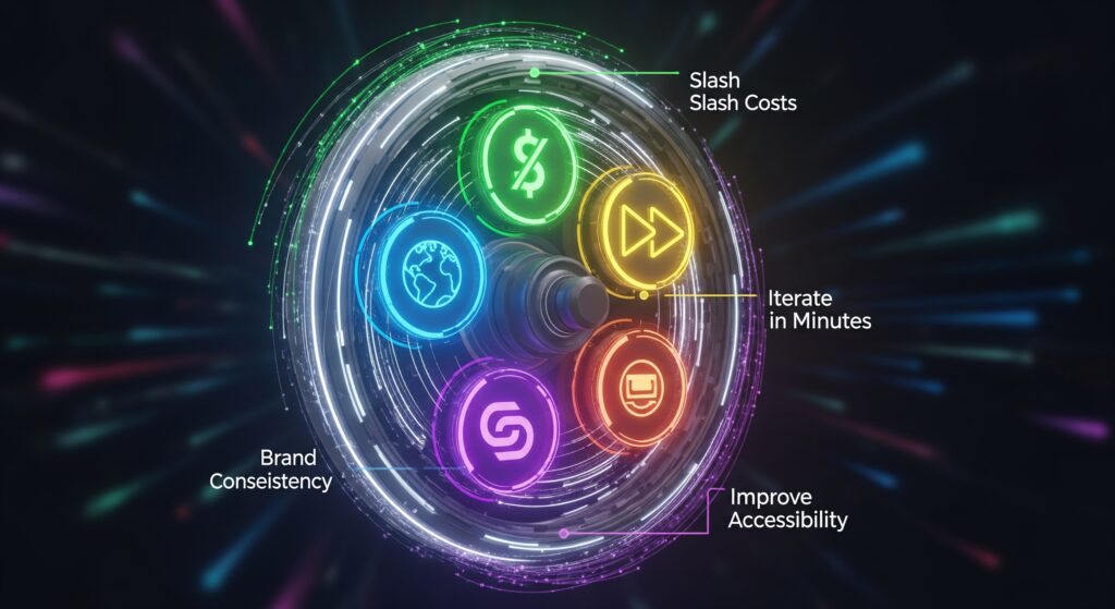 A futuristic, glowing flywheel from 2025, composed of five interconnected segments. Each segment has an icon and a label for a key benefit: 1) a slashed dollar sign for "Slash Costs," 2) a globe for "Scale Globally," 3) a fast-forward symbol for "Iterate in Minutes," 4) a consistent brand logo for "Brand Consistency," and 5) a closed-captioning symbol for "Improve Accessibility." The wheel is spinning rapidly, throwing off light and energy, symbolizing accelerating growth. AI avatar makers