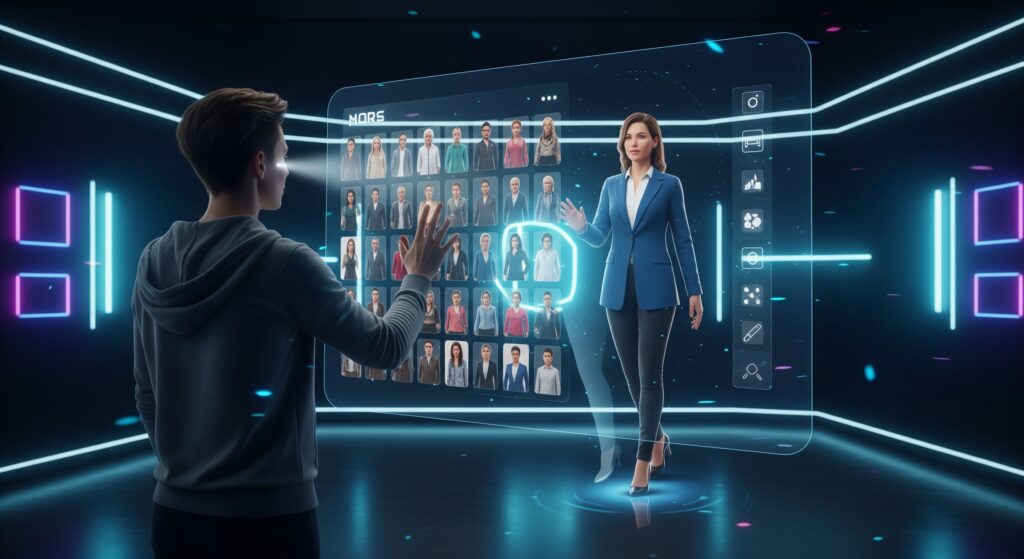 A cinematic shot from 2025 of a creator in a modern studio. They are swiping through a holographic interface, choosing from a diverse lineup of stunning, photorealistic AI avatars. The selected avatar is shown coming to life, stepping out of the screen to become a digital spokesperson. The scene is futuristic, creative, and empowering.